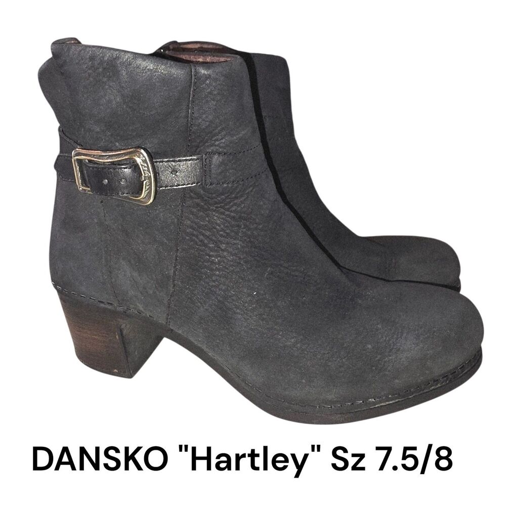 Dansko Sz 7.5/8 Hartley Black Nubuck Leather Side Buckle Zip Up Boho Ankle Boots